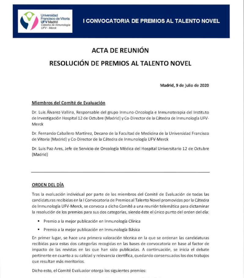 Resolución de la I Convocatoria de Premios al talento joven en Inmunología